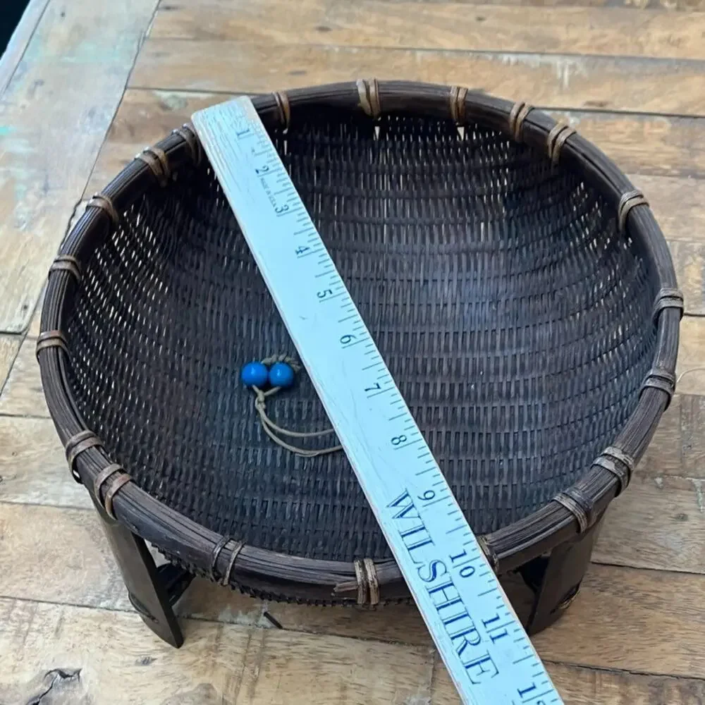 Antique Chinese Wicker Lidded Sewing Basket 7.5